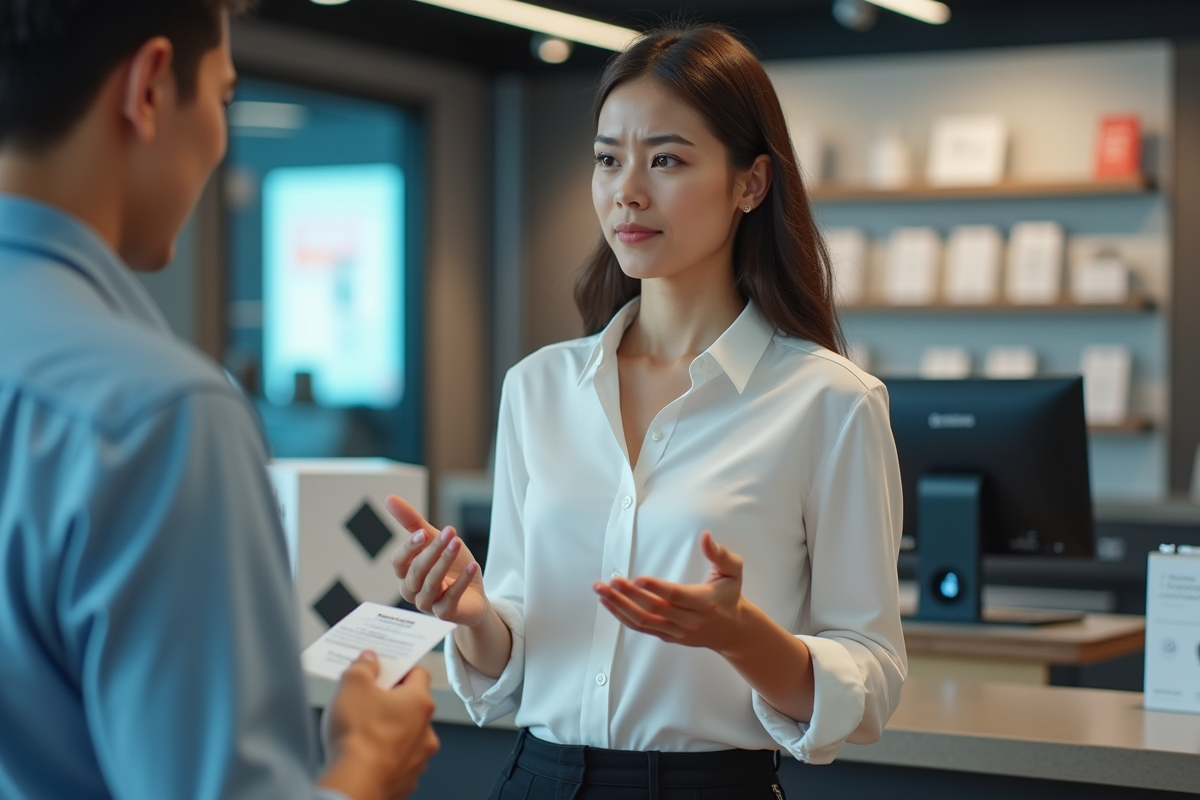 Jeune femme discutant avec un vendeur en magasin d