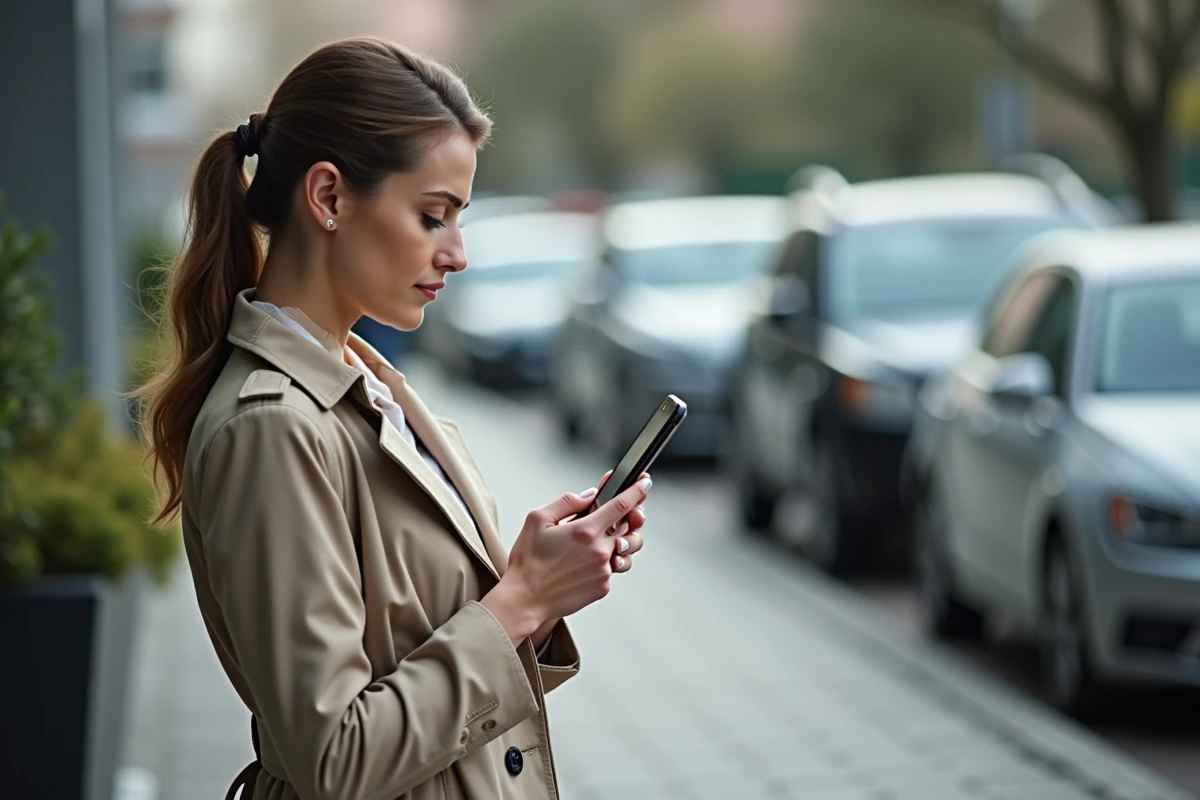 Femme vérifiant des dimensions de pneus sur son smartphone en extérieur