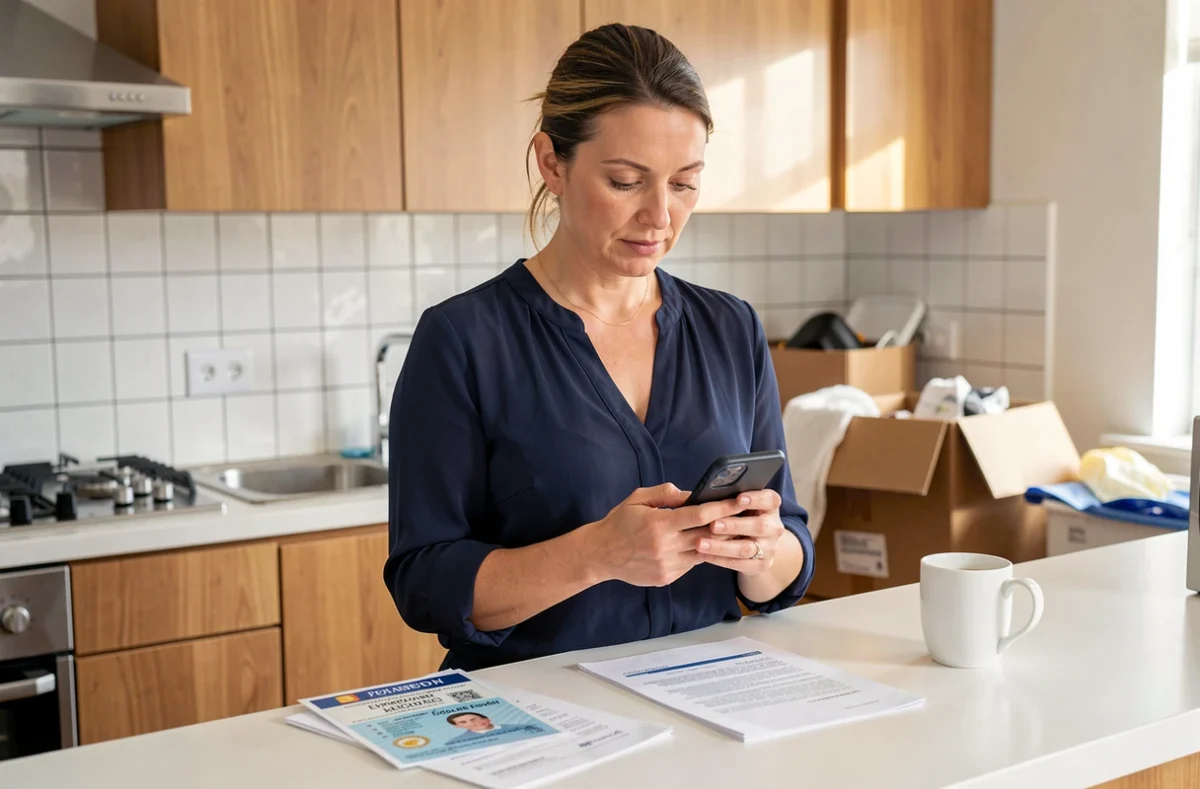 Femme vérifiant ses points de permis sur smartphone lors d'un déménagement avec documents officiels sur le comptoir