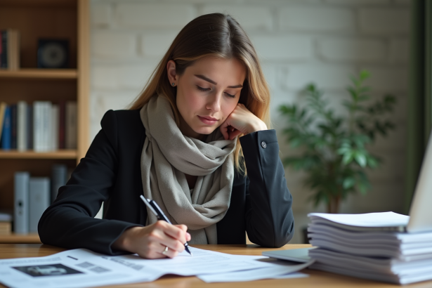 Femme concentrée remplissant des papiers dans un bureau à domicile