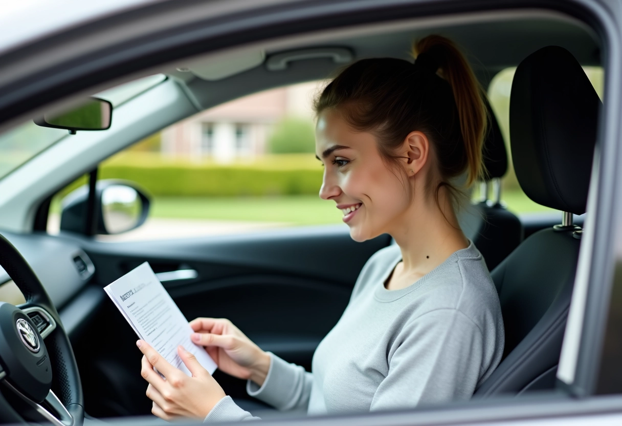 Jeune femme examinant une pièce BPGA dans sa voiture
