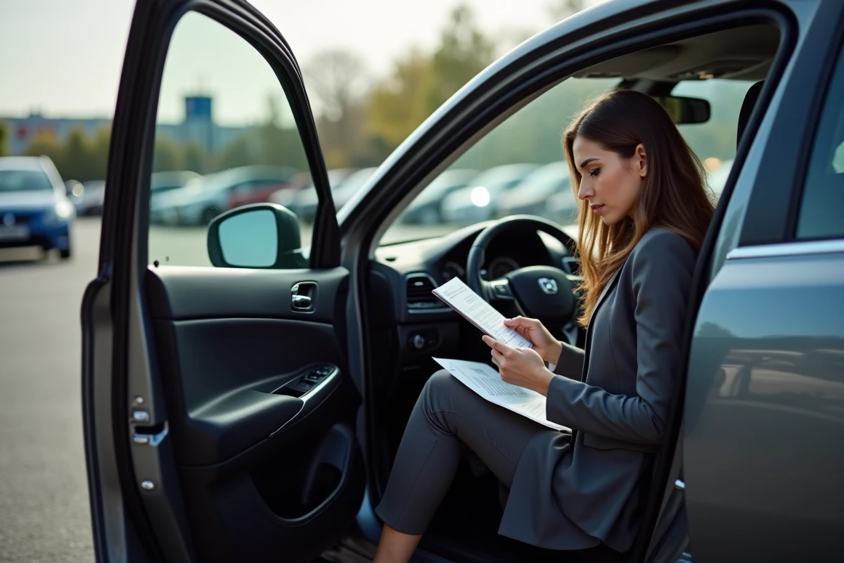 Femme comparant brochure et téléphone dans la voiture