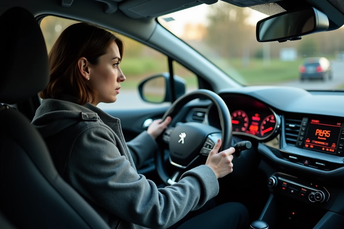 Jeune femme regardant le tableau de bord d une Peugeot