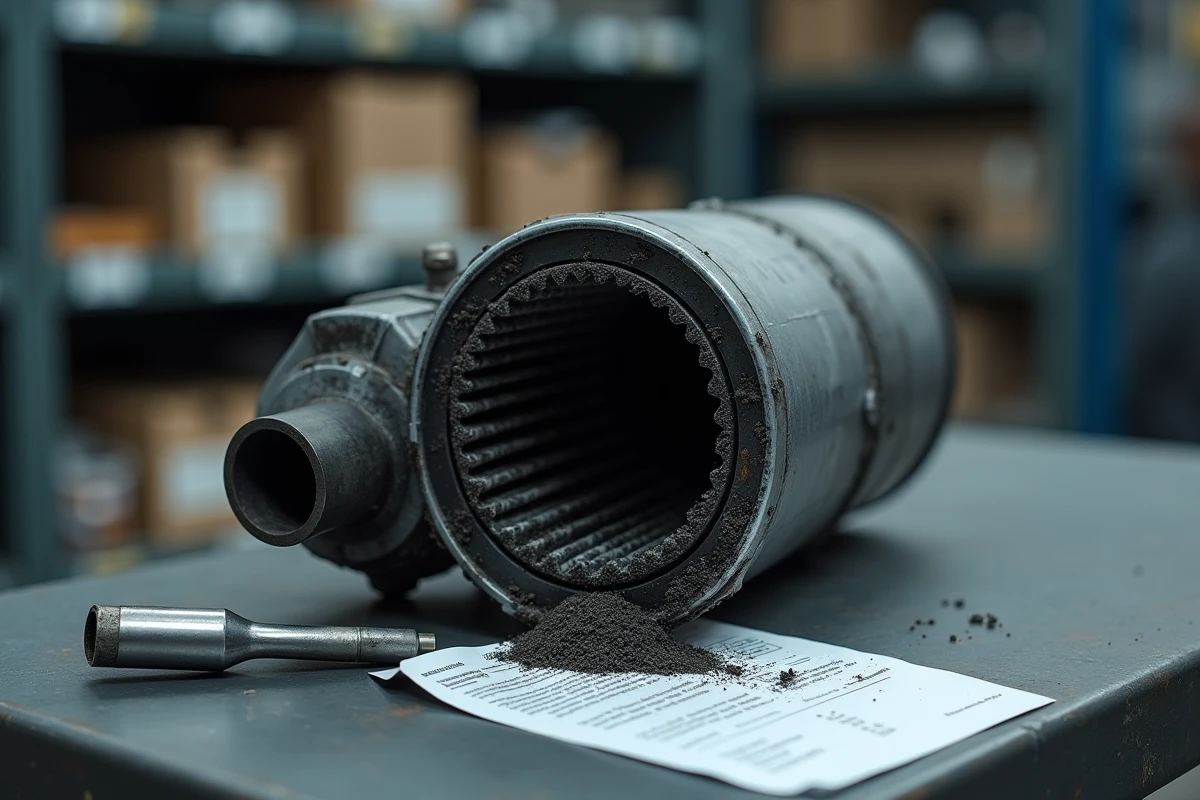 Filtre à particules encrassé et endommagé retiré d'une Peugeot 207, posé sur un établi d'atelier mécanique