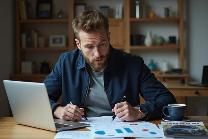 Homme analysant un plan de financement pour l'achat d'une voiture de rallye d'occasion à son bureau