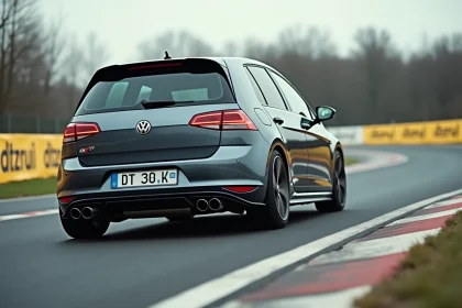 Volkswagen Golf 7 GTI en pleine courbe sur circuit, vue arrière trois quarts dynamique