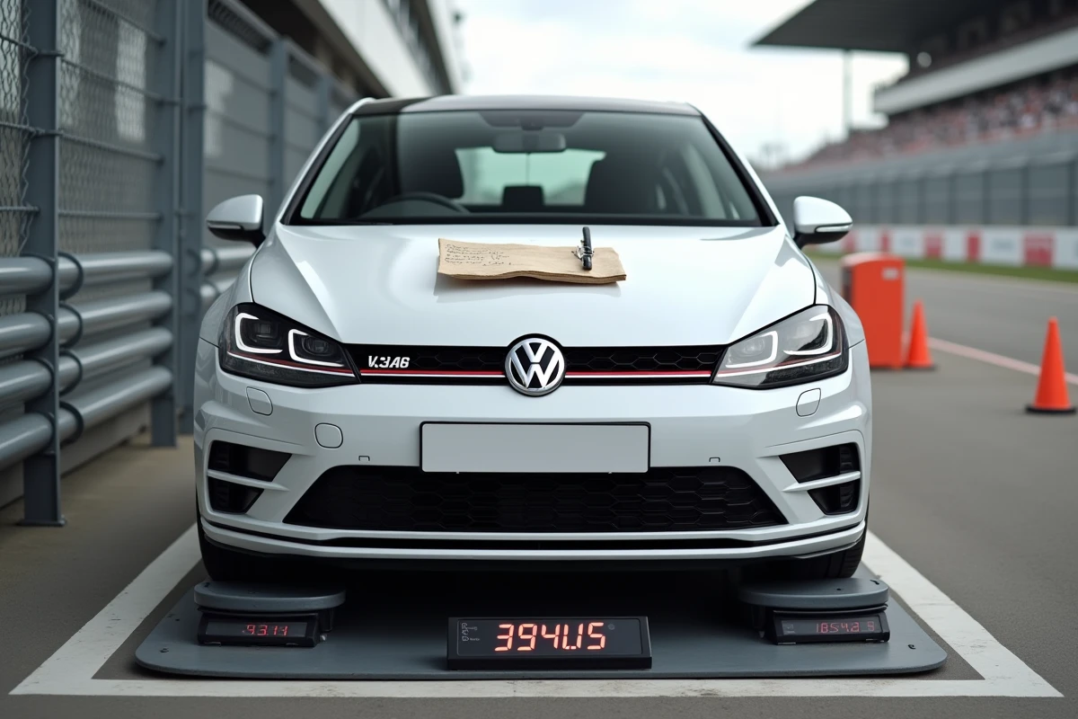 Golf 7 sur plateforme de pesée en zone technique de circuit pour évaluation des performances