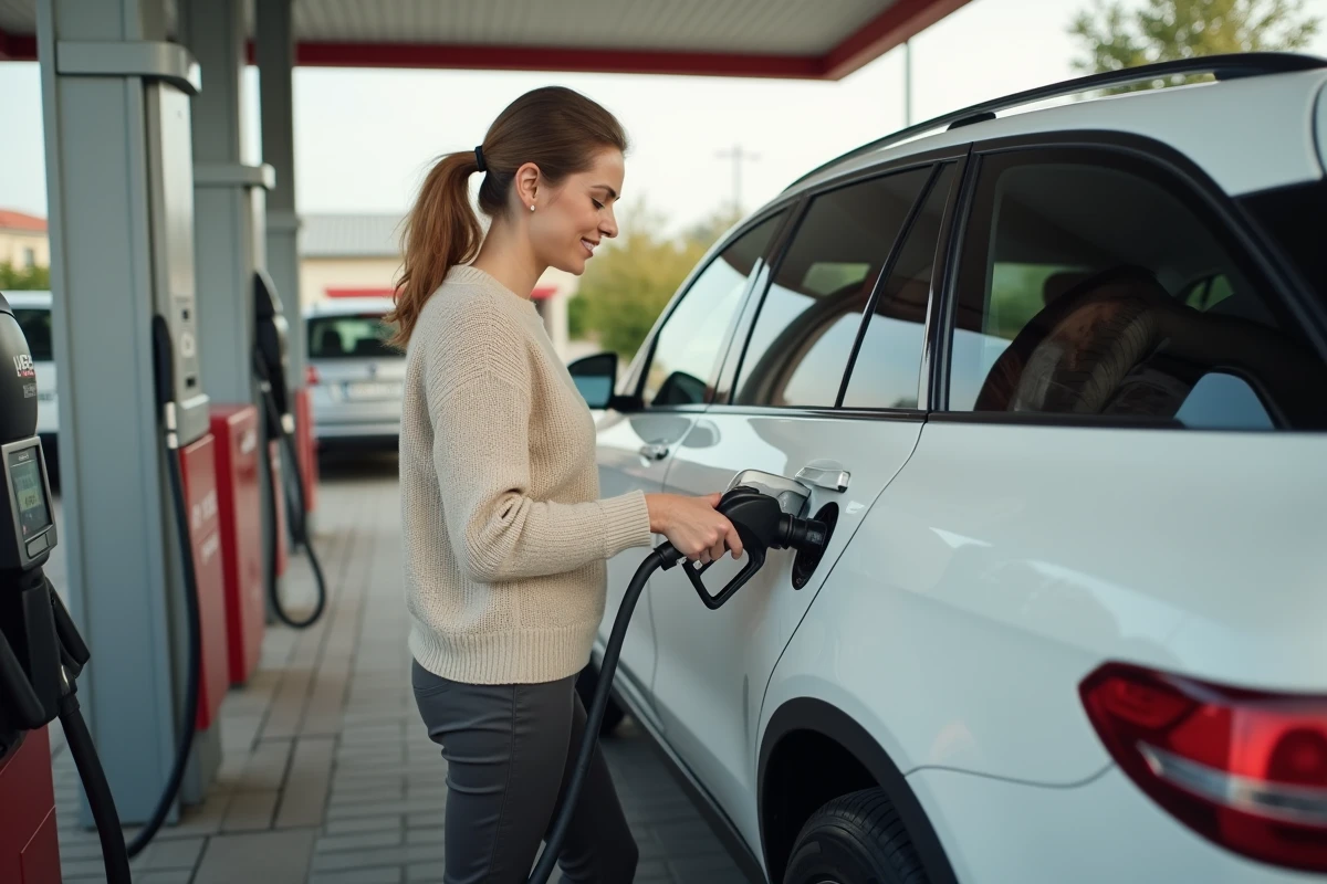 Femme gonflant un pneu de son SUV à la station-service après détection d'une baisse de pression par le système TPMS
