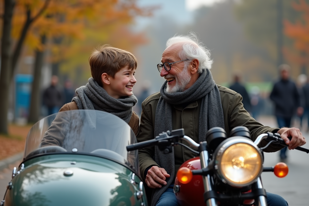 Grand pere et enfant dans un sidecar moderne en parc urbain