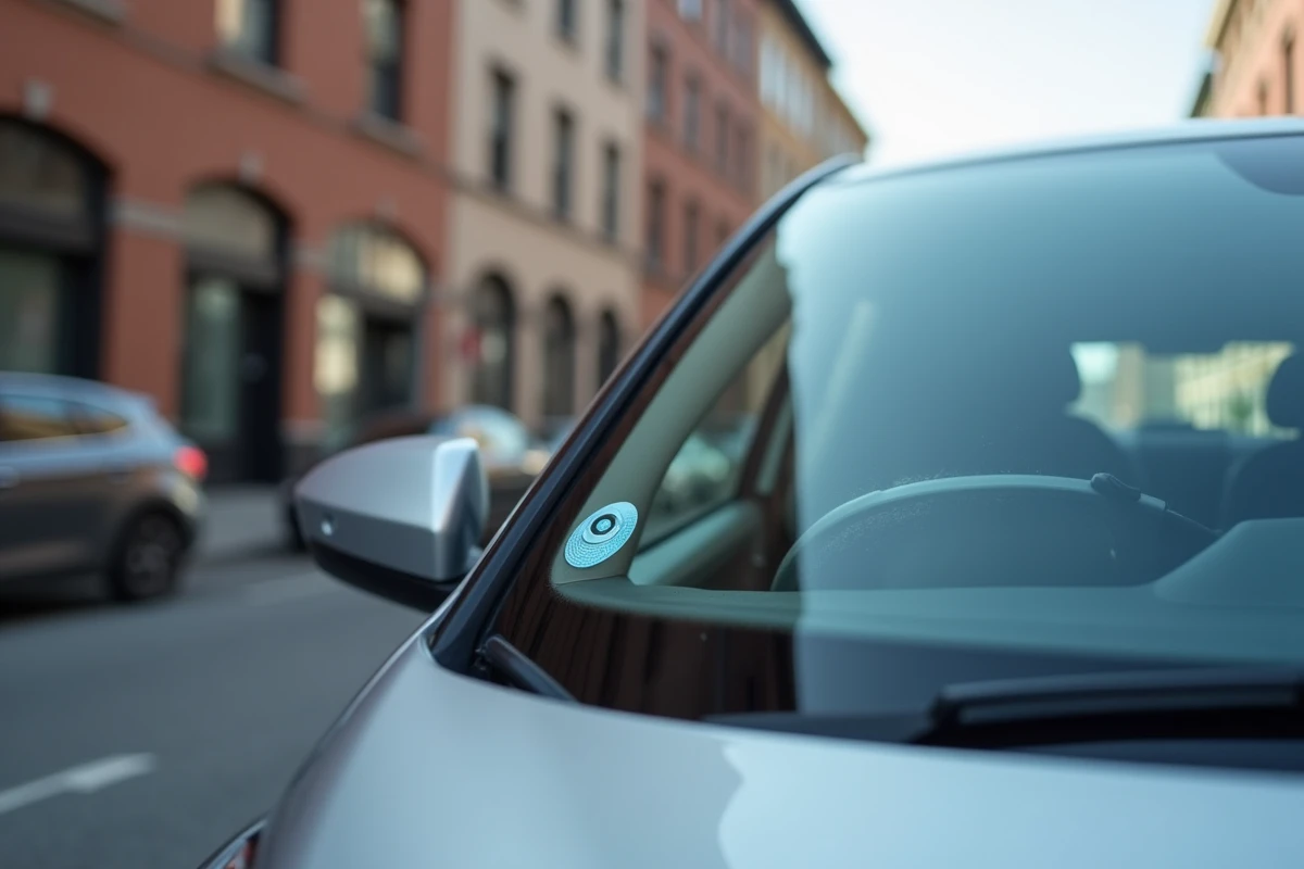 Gros plan sur les capteurs et caméra ADAS intégrés dans le pare-brise d'une voiture récente en milieu urbain