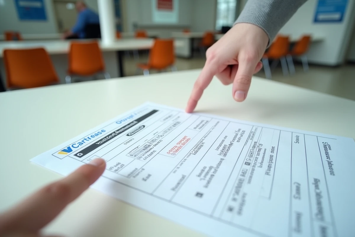 Gros plan sur une carte grise posée sur un comptoir administratif avec un doigt pointant une erreur à corriger, illustrant les vérifications nécessaires lors de la radiation du véhicule