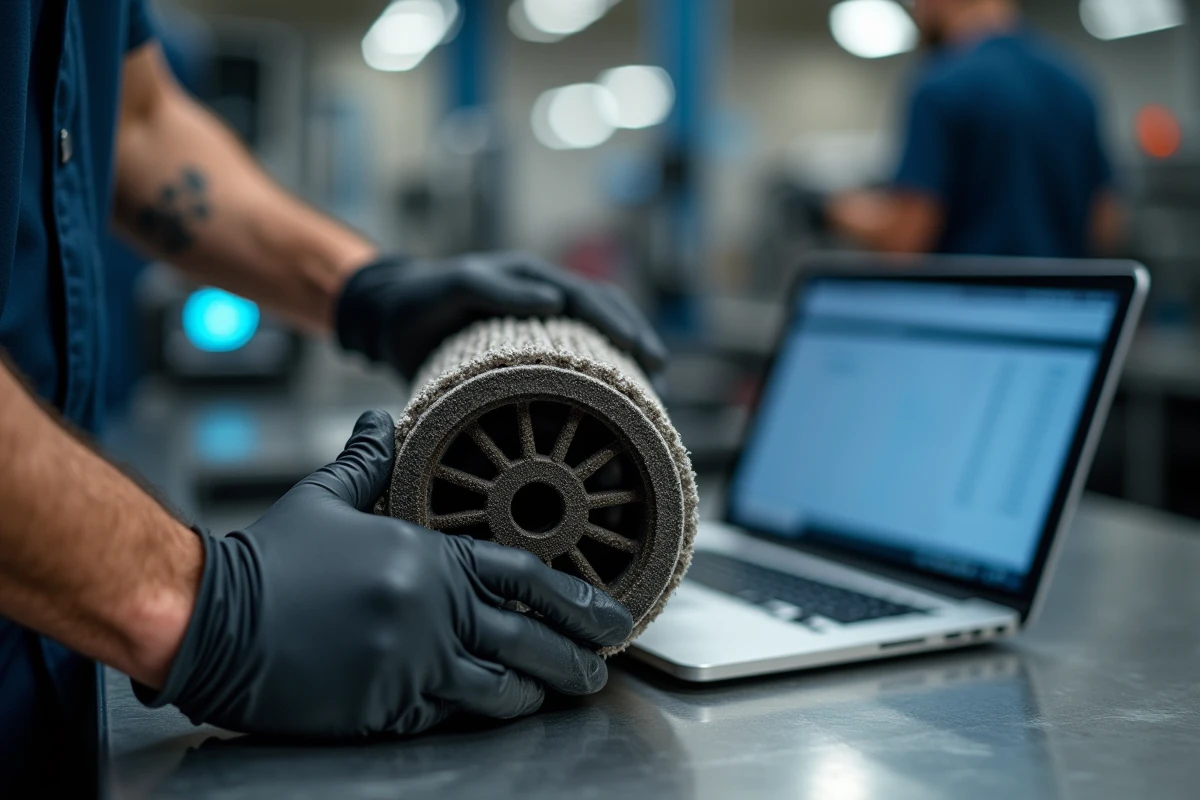 Gros plan sur un filtre à particules diesel encrassé posé sur un établi dans un centre de diagnostic automobile
