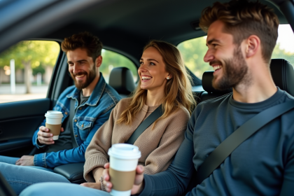 Trois adultes souriants dans une voiture urbaine moderne