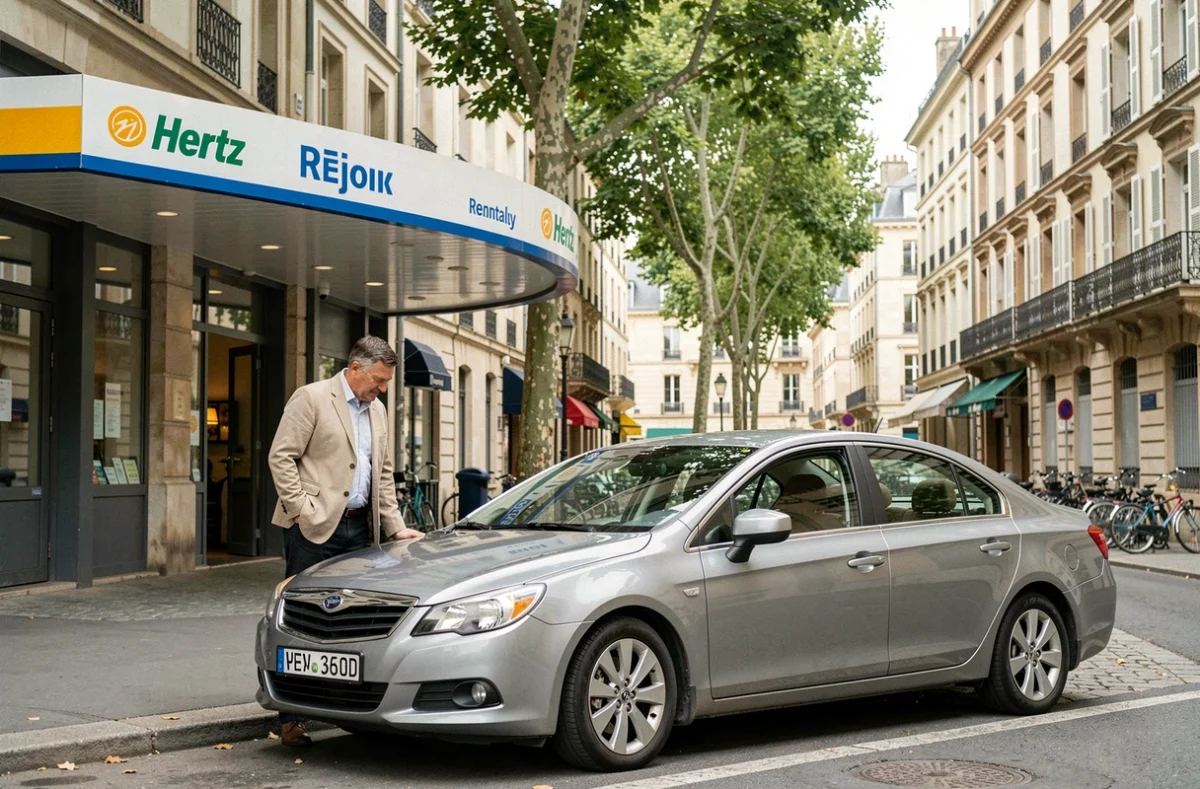 Client Hertz inspectant une voiture de location devant l'agence dans le centre-ville de Dijon
