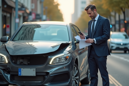 Homme d affaires inquiet à côté de sa voiture endommagée