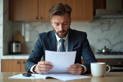 Homme d'affaires examine des documents d'assurance voiture dans une cuisine