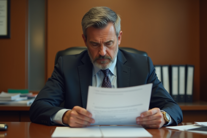 Homme d'affaires réfléchissant avec documents officiels
