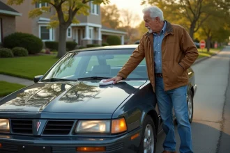 Homme argenté polissant une voiture Pontiac Aztek dans la rue