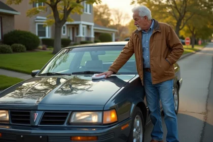 Homme argenté polissant une voiture Pontiac Aztek dans la rue