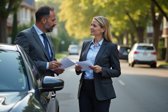 Homme d'affaires avec documents d'assurance et voiture endommagée