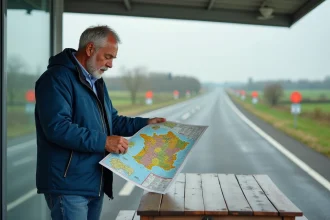 Homme d'âge moyen examinant une carte de France au service autoroute
