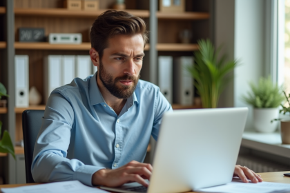 Homme d'affaires au bureau organisé en intérieur lumineux