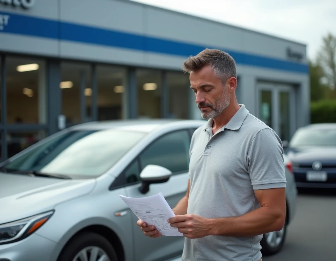 Homme vérifiant sa carte grise devant un centre Norauto en parking extérieur