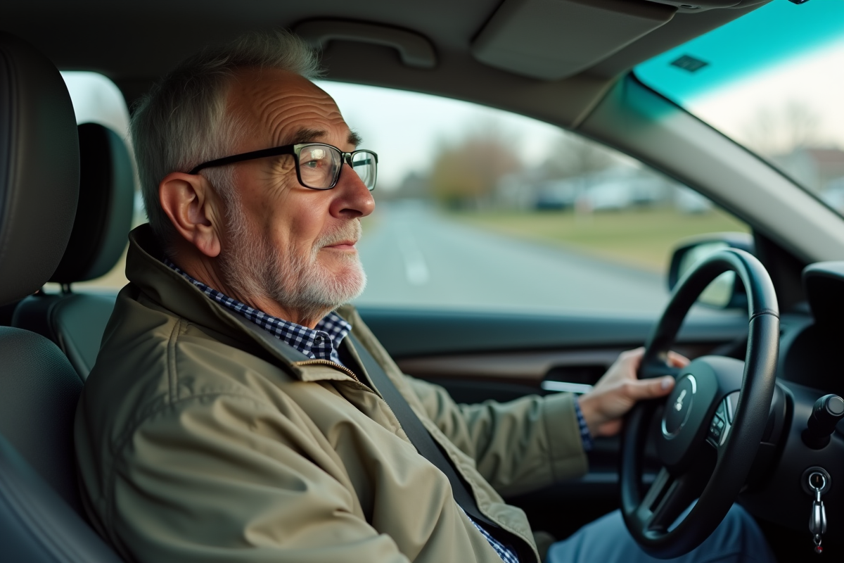 Homme âgé ajustant sa ceinture dans sa voiture familiale
