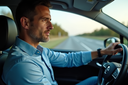 Homme au volant d'une voiture moderne sur l'autoroute