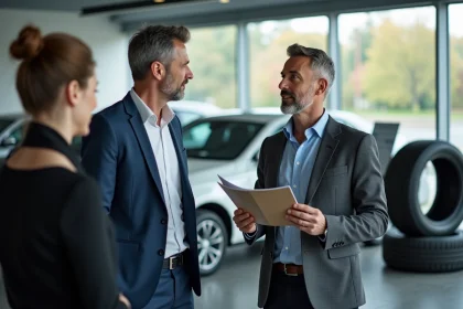 Homme confiant avec brochure devant une voiture en showroom