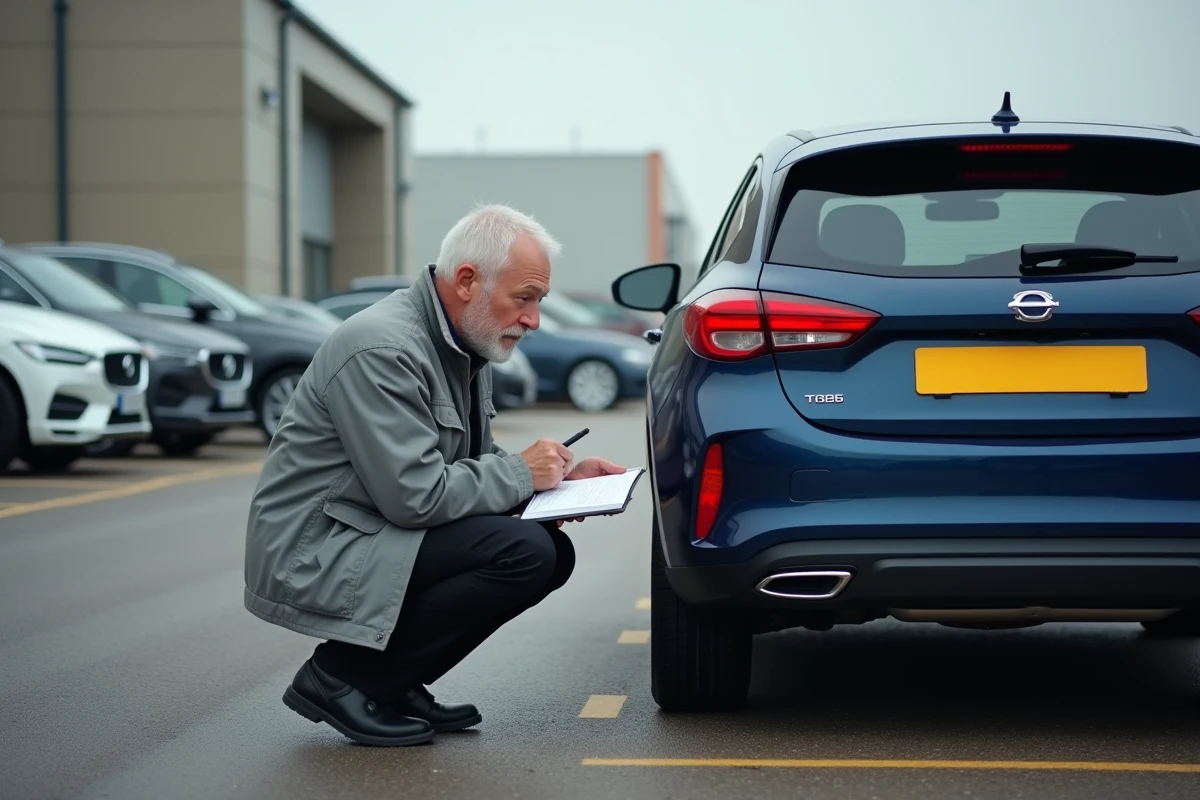 Homme consultant une plaque d'immatriculation dans un parking pour en noter la série alphanmérique