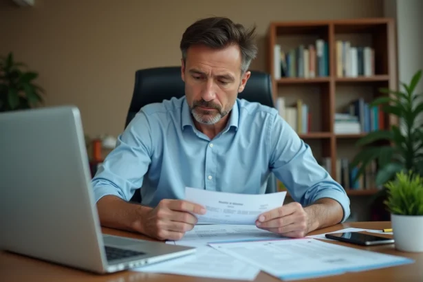 Homme examinant des documents de carte grise à son bureau devant un ordinateur portable