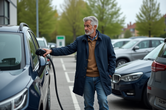 Homme gonflant ses pneus de voiture à une station publique