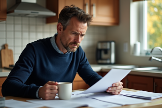 Homme d'âge moyen lisant une garantie dans la cuisine