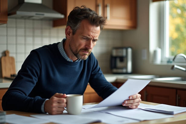 Homme d'âge moyen lisant une garantie dans la cuisine