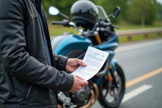 Homme en équipement moto examinant des papiers à l'extérieur