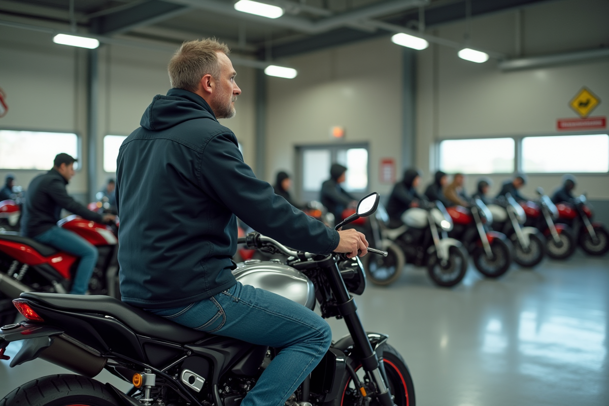 Homme en formation moto dans un centre intérieur moderne