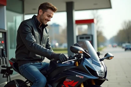 Jeune homme vérifiant le niveau d'essence de sa moto Suzuki GSX 600 R