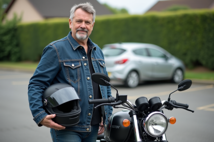 Homme en denim et casque à côté d'une moto en parking