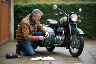 Homme en équipement moto attachant un sidecar à une moto classique