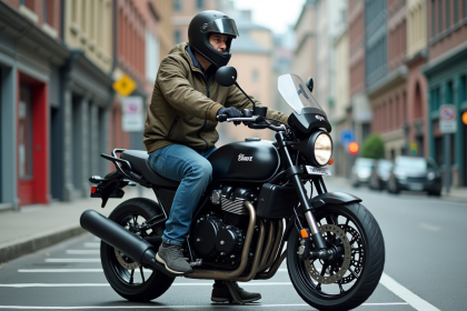 Homme en équipement moto stationne sa moto en ville