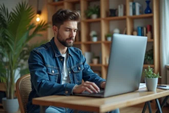 Homme utilisant un ordinateur pour comparer des tailles de pneus