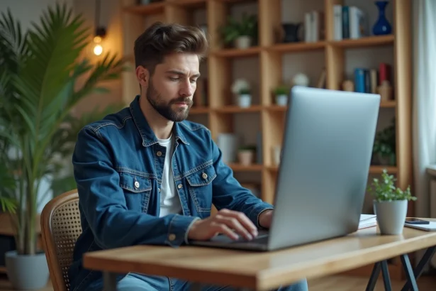 Homme utilisant un ordinateur pour comparer des tailles de pneus