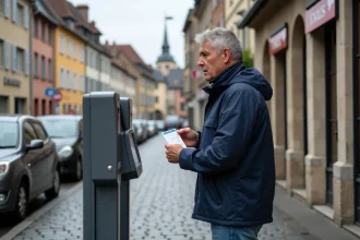 Homme en veste imperméable regardant un paystation à Colmar