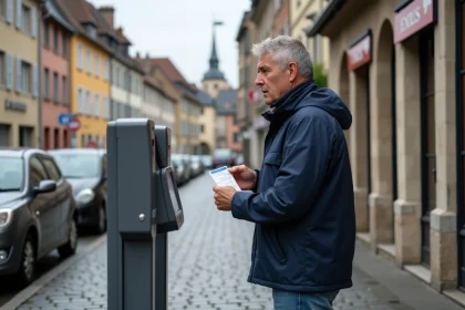 Homme en veste imperméable regardant un paystation à Colmar