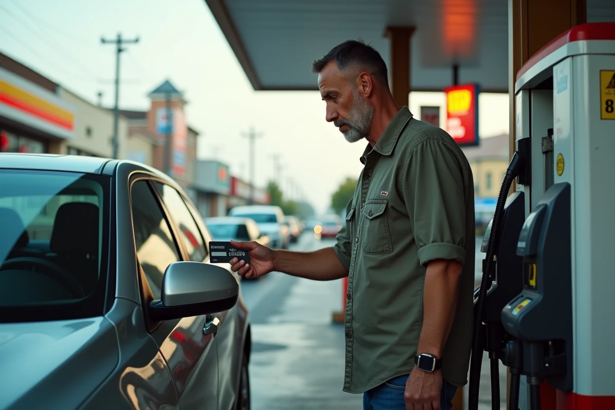 Homme faisant le plein d'essence à une station-service et consultant le prix affiché sur la pompe pour estimer ses frais de carburant