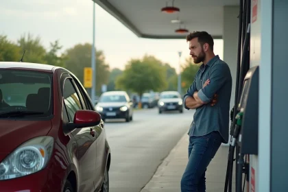 Homme regardant la pompe à essence moderne en extérieur