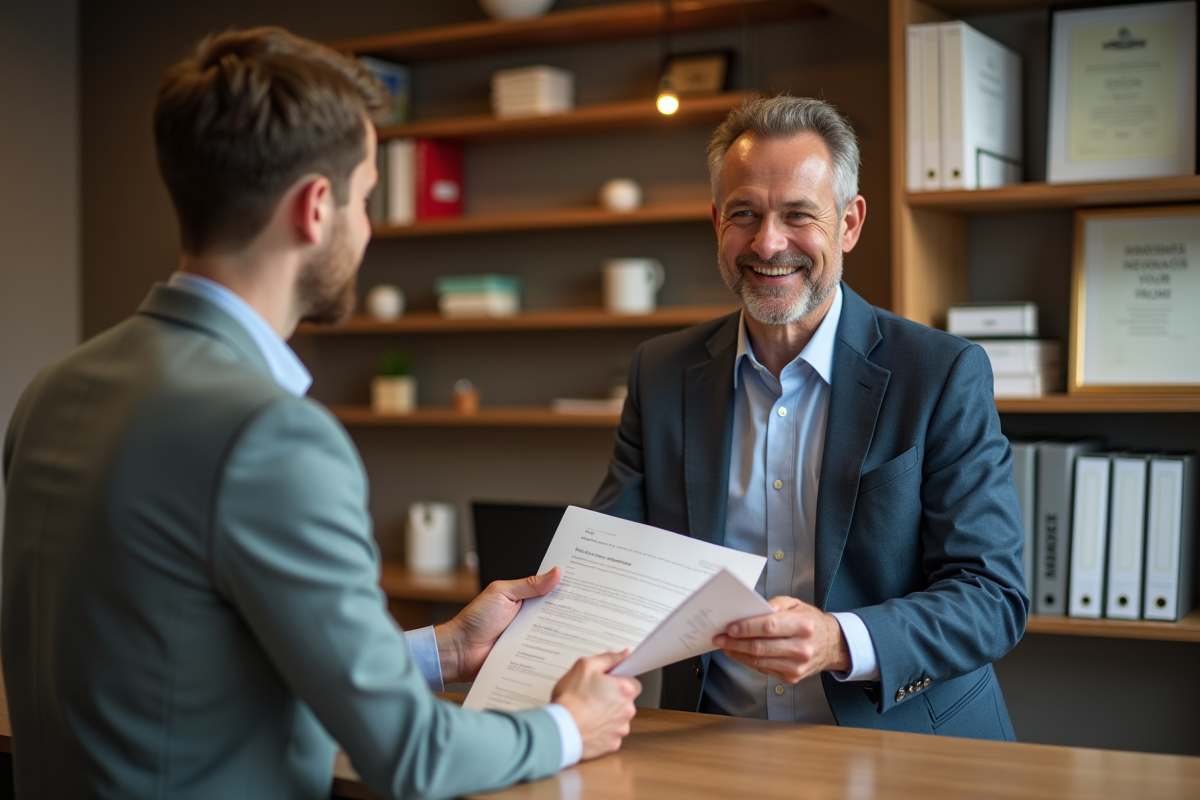 Homme jeune remet un dossier à un agent d