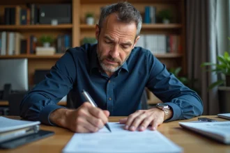 Homme remplissant un document de carte grise à son bureau à domicile, illustrant les démarches administratives liées au changement de titulaire du certificat d'immatriculation