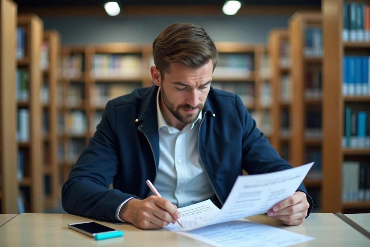 Homme consultant un document PDF imprimé des questions du code de la route 2026 avec réponses dans une bibliothèque